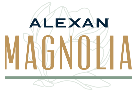 A logo with the words "Alexan Magnolia" in gold and green.